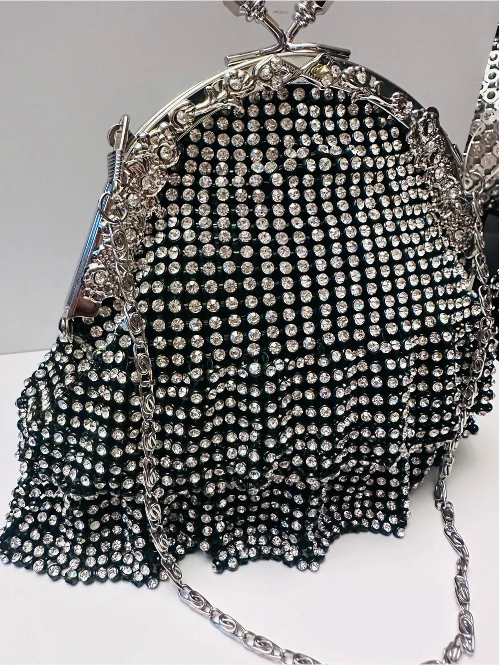 Hollywood Glamor Black/Silver & Rhinestone Skirted Frame Clutch/Purse/Handbag